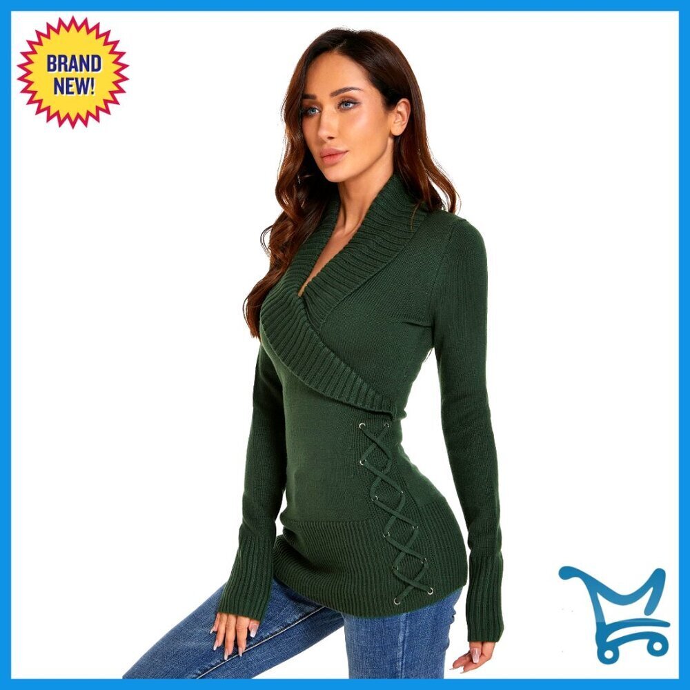 Slim Fit Shawl Collar Faux Wrap Lace Up Long Sleeve Sweater Elegant Chic